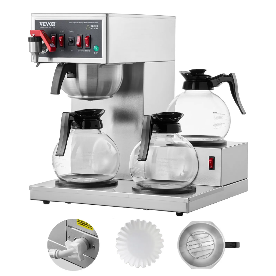Vevor 12-Cup Commercial Drip Coffee Maker with 3 Glass Carafes Warmers and Water Inlet New