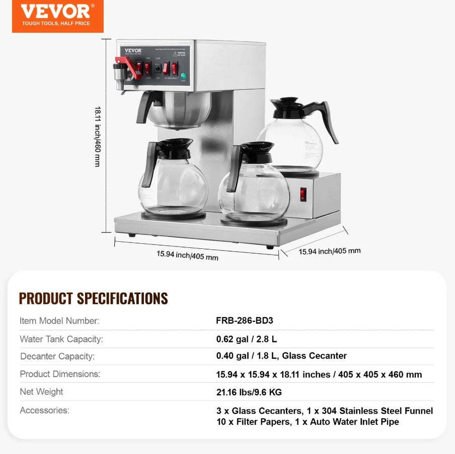 Vevor 12-Cup Commercial Drip Coffee Maker with 3 Glass Carafes Warmers and Water Inlet New