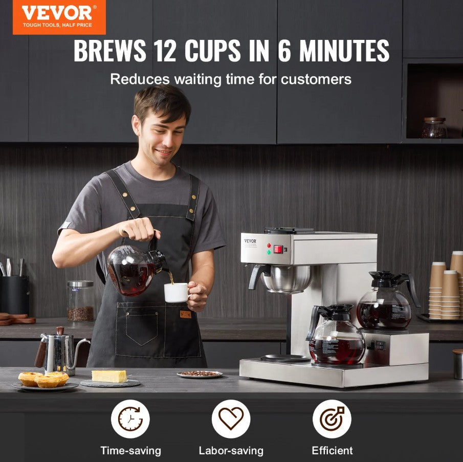 VEVOR 12-Cups Commercial Drip Coffee Maker, Coffee Maker Machine with 3-Glass Carafes and 3-Warmer Plates, Stainless Steel