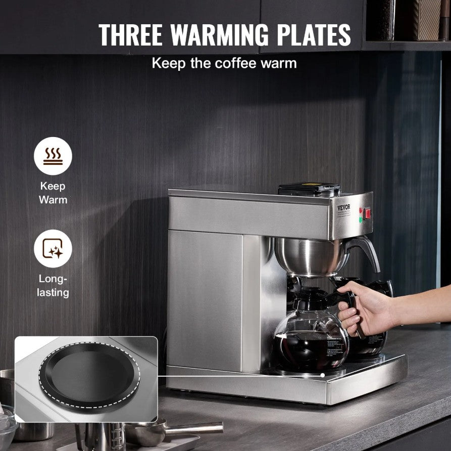 Vevor 12-Cup Commercial Drip Coffee Maker with 3 Glass Carafes and Warming Plates New