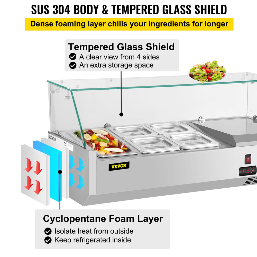 Vevor Refrigerated Condiment Prep Station 39.4" with Glass Shield 150W Stainless Steel 7.8 Qt New