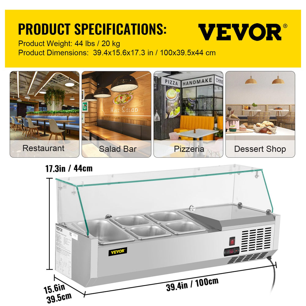 Vevor Refrigerated Condiment Prep Station 39.4" with Glass Shield 150W Stainless Steel 7.8 Qt New