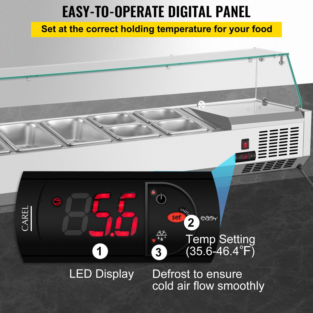 Vevor Refrigerated Condiment Prep Station 55" with Glass Shield 150W Stainless Steel 13.8 Qt New