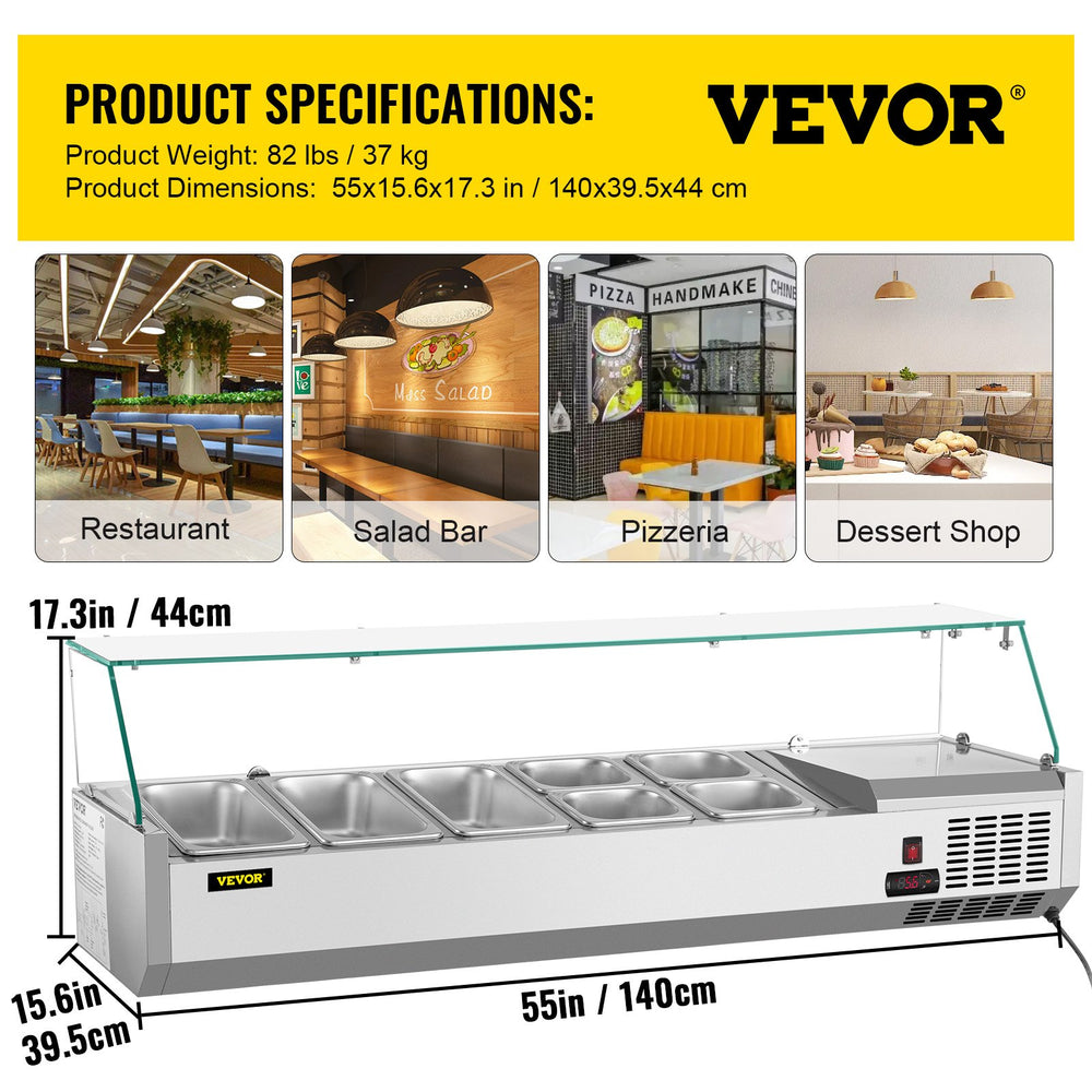 Vevor Refrigerated Condiment Prep Station 55" with Glass Shield 150W Stainless Steel 13.8 Qt New