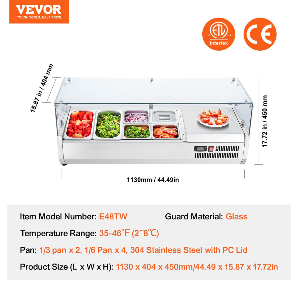 Vevor Refrigerated Condiment Prep Station 44.4" with Glass Guard 135W 2 1/3 and 4 1/6 Pans ETL Certified New