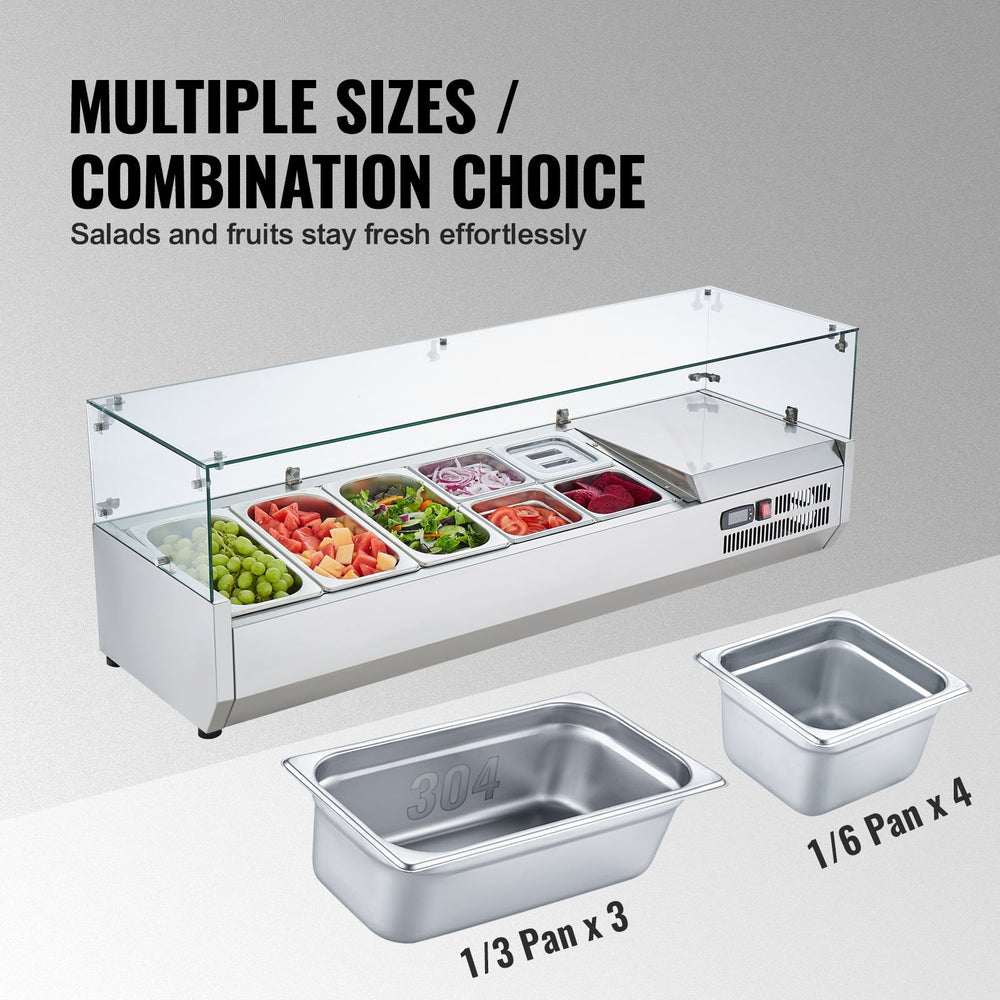 Vevor Refrigerated Condiment Prep Station 51.3" with Glass Guard 140W 3 1/3 and 4 1/6 Pans ETL Certified New