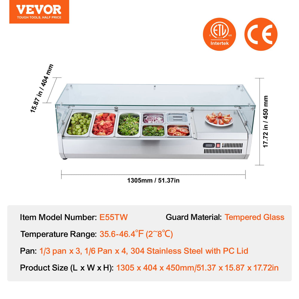 Vevor Refrigerated Condiment Prep Station 51.3" with Glass Guard 140W 3 1/3 and 4 1/6 Pans ETL Certified New