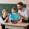 8-inch illuminated world globe with HD map, wooden stand, and kids exploring geography in a classroom setting.