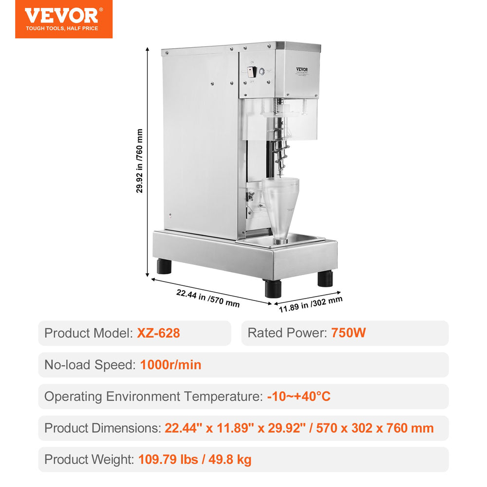 Vevor Ice Cream Blender 750W High Speed Mixer 1740 RPM 304 Stainless Steel New