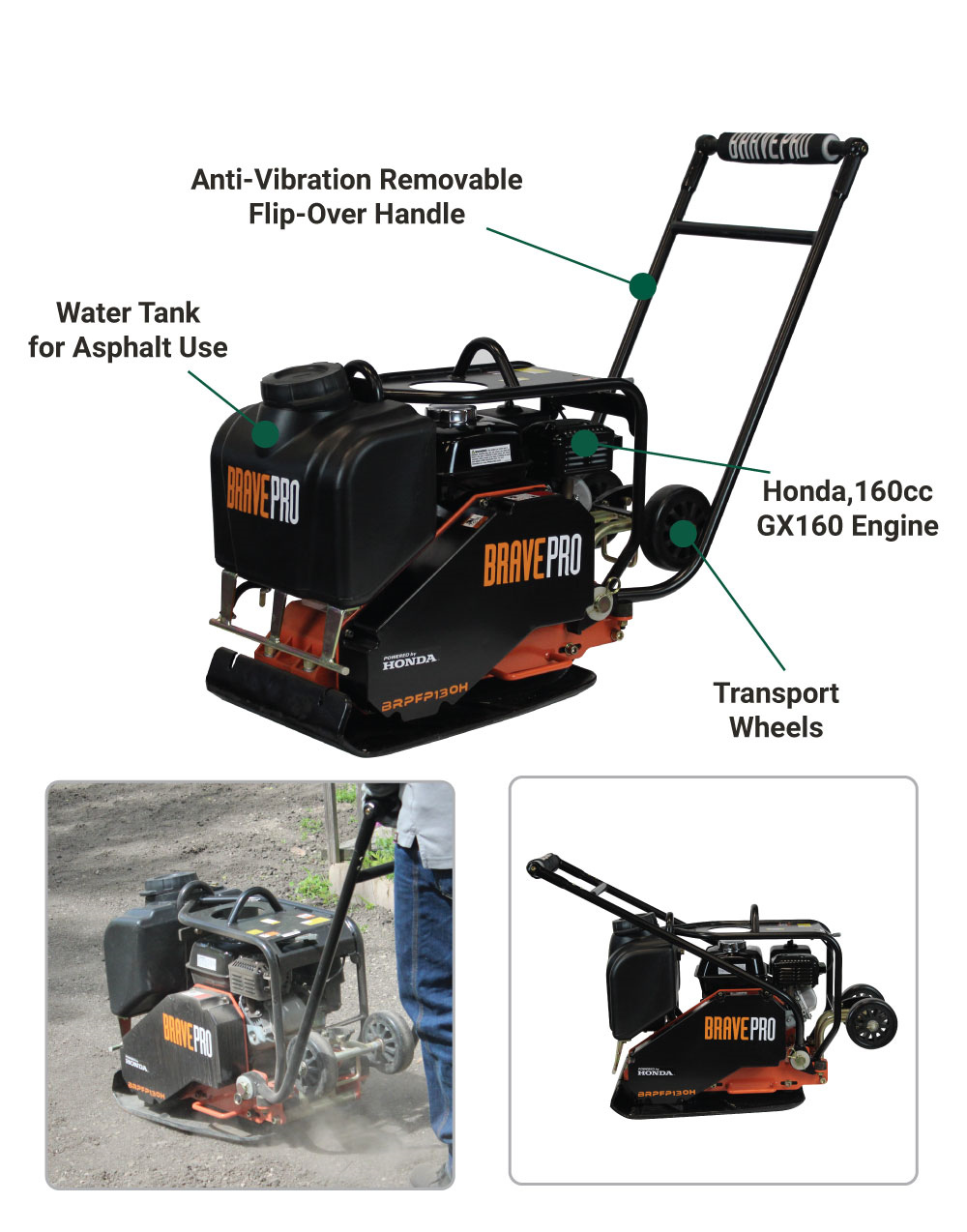 Brave Forward Plate Compactor 22" x 16" with Water Tank and Honda GX160 5.5 HP 5400 VPM Compaction Force of 2697 lbs BRPFP130H New