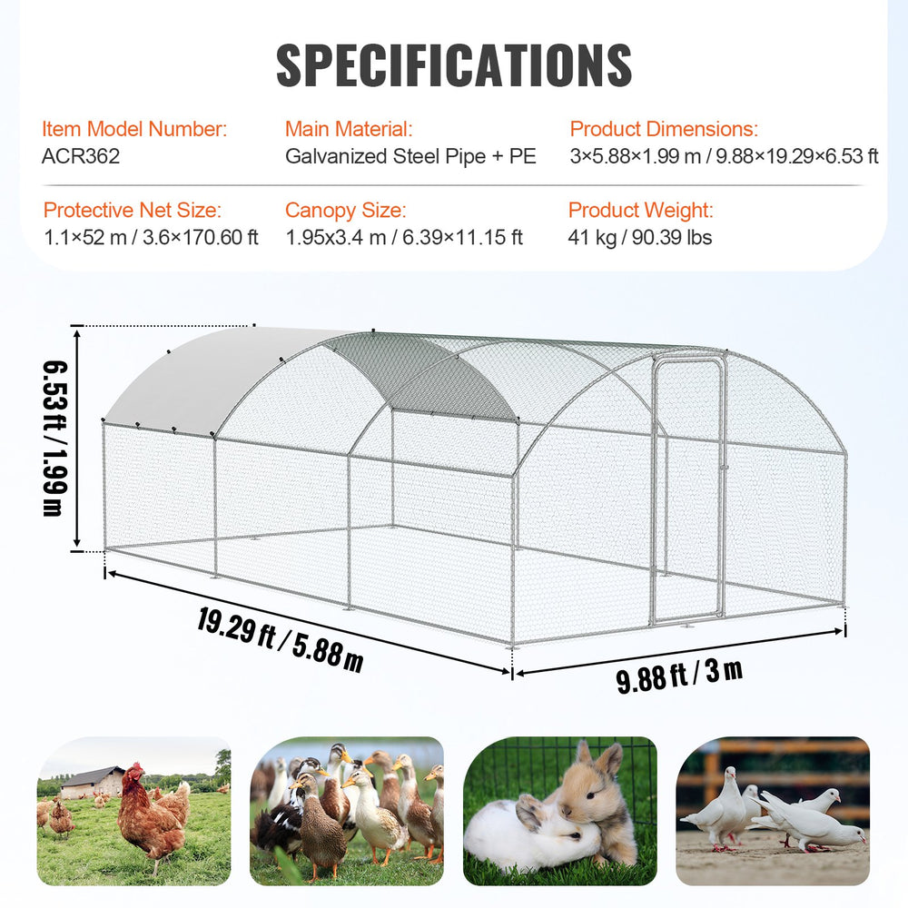 Vevor Large Metal Chicken Coop 9.8' x 19.3' x 6.5' Dome Walk In Run Waterproof Cover New