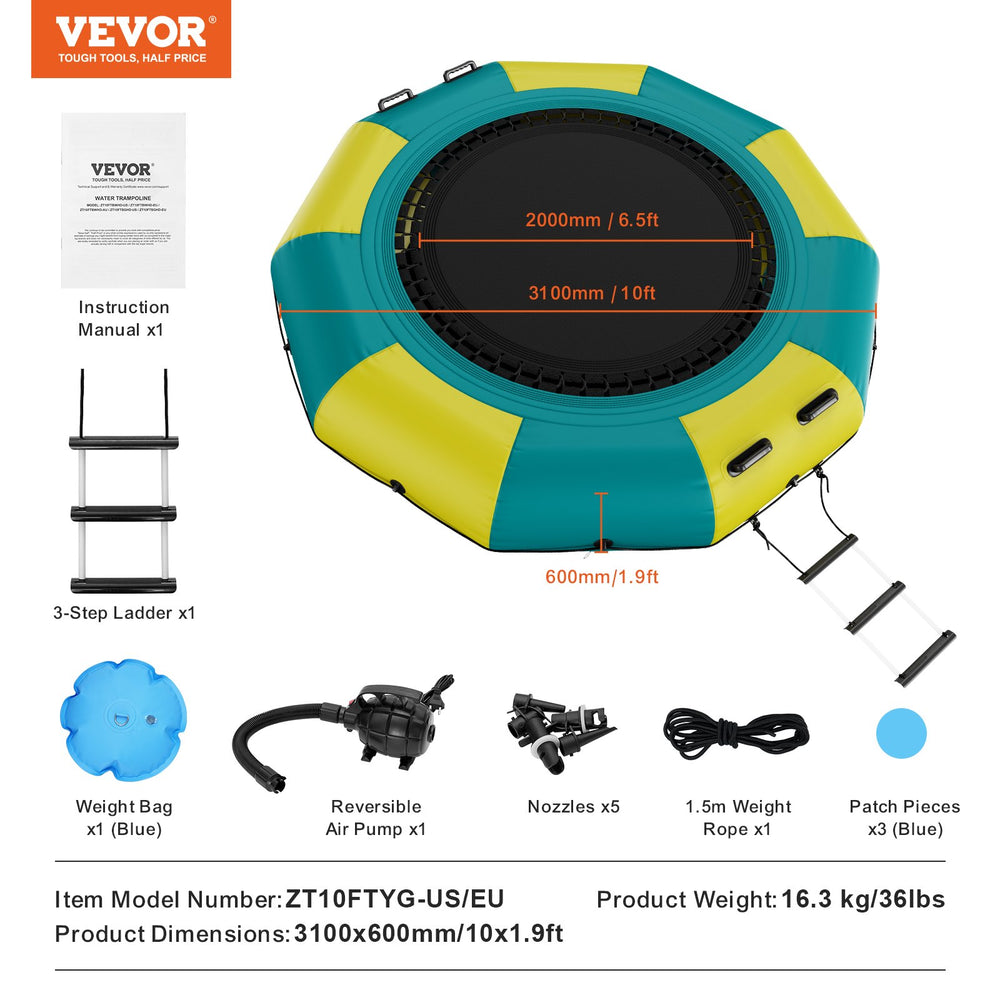 Vevor Inflatable Water Trampoline 10' Portable Swim Platform Bouncer with 3-Step Ladder New