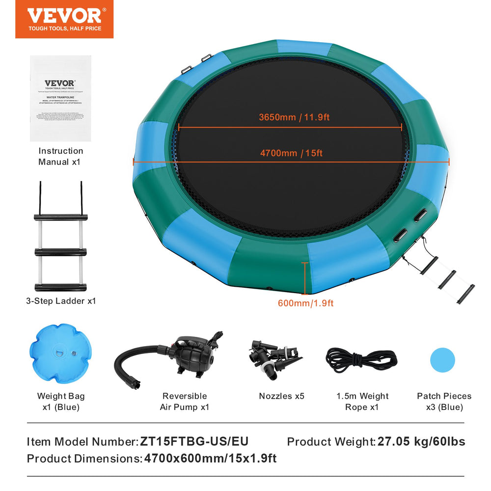 Vevor Inflatable Water Trampoline 15' Portable Swim Platform Bouncer with 3-Step Ladder New