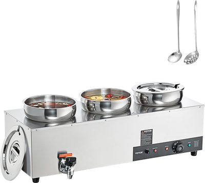 Vevor Electric Soup Warmer 3 Pot 7.4 Qt. with Lids 1200W Commercial Bain Marie with Anti-Dry Burn Stainless Steel New