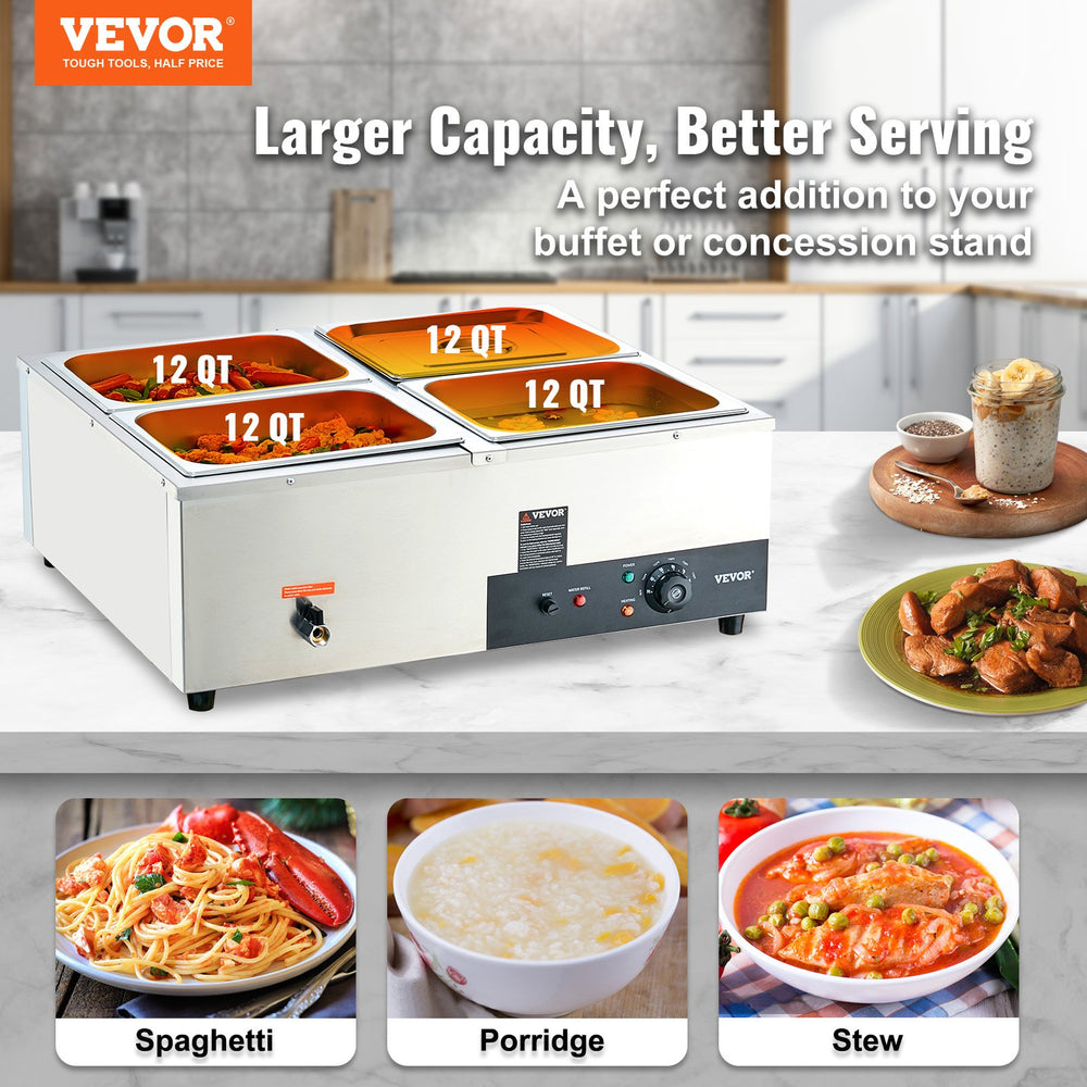 Vevor Food Warmer 4 Pan 12 Qt. for Countertop 1500W Electric Steam Table Stainless Steel New