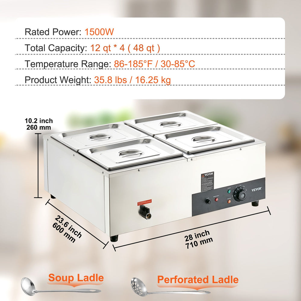 Vevor Food Warmer 4 Pan 12 Qt. for Countertop 1500W Electric Steam Table Stainless Steel New