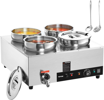 Vevor Electric Soup Warmer 4 Pot 7.4 Qt. with Lids 1500W Commercial Bain Marie with Anti-Dry Burn Stainless Steel New