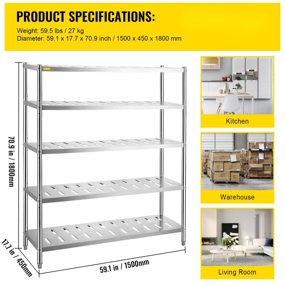 Vevor 5-Tier Storage Shelf 59.1" x 17.7" x 70.9" Stainless Steel 660 Lbs. Capacity with Vent Holes New