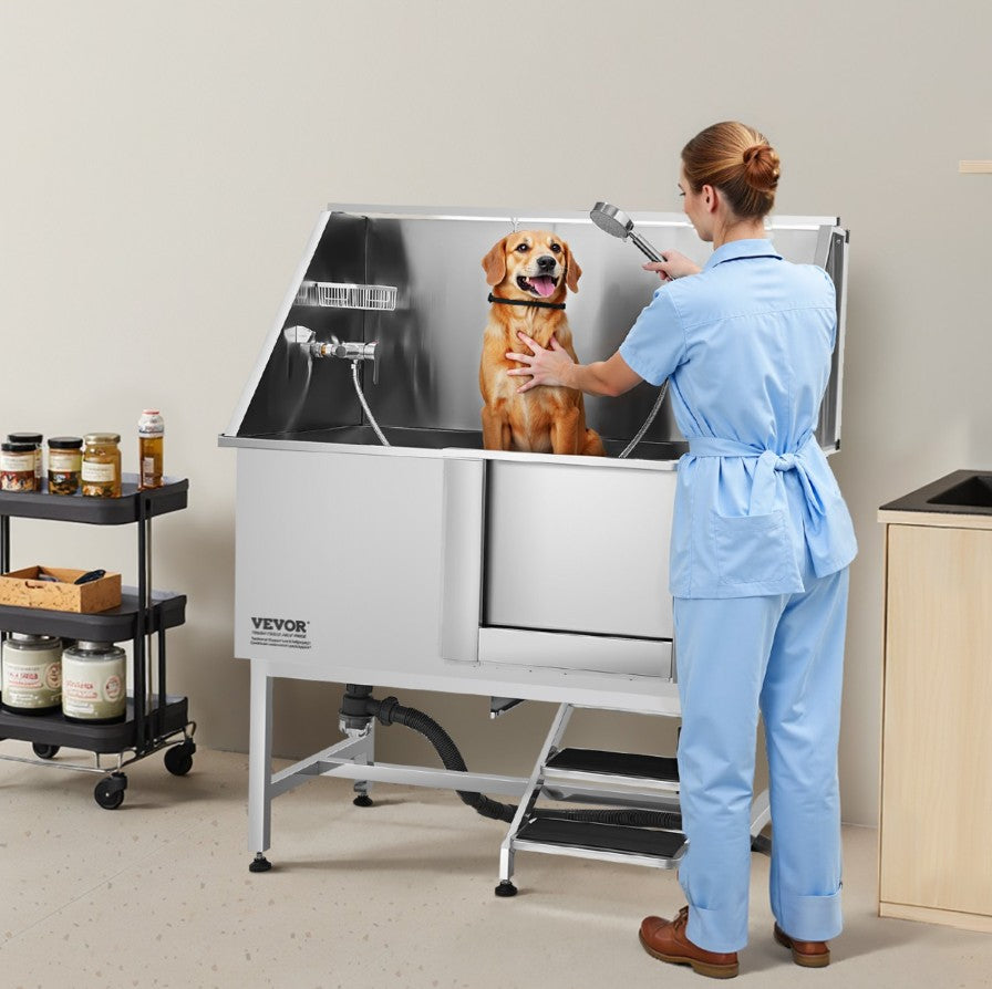 Vevor Dog Grooming Tub 50" Stainless Steel with Anti-Slip Stairs and Dual-Control Faucet New