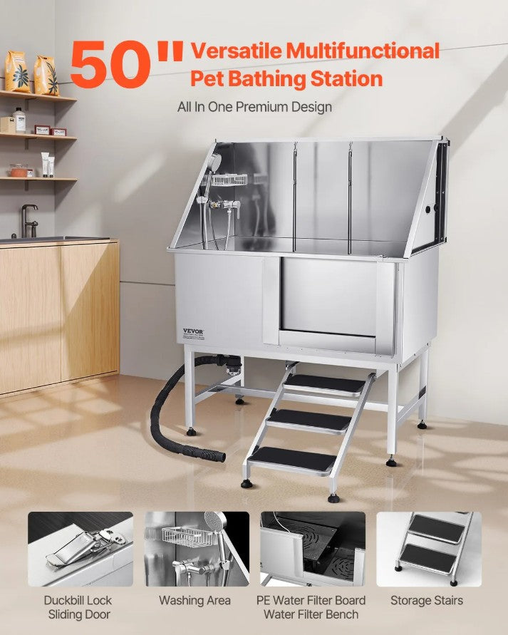Vevor Dog Grooming Tub 50" Stainless Steel with Anti-Slip Stairs and Dual-Control Faucet New