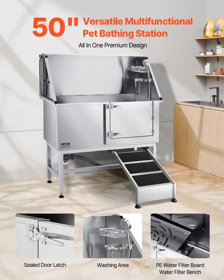 Vevor Dog Grooming Tub 50" Stainless Steel with Anti-Slip Ramp and Dual-Control Faucet New
