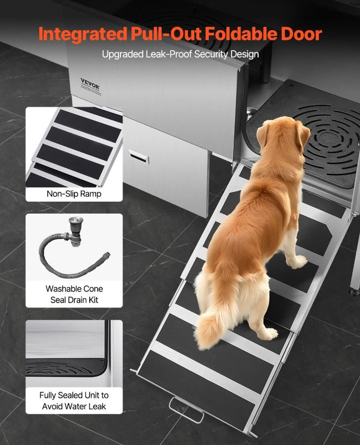 Vevor Dog Grooming Tub 61" Stainless Steel 440 Lb Capacity Non-Slip Ramp and Storage Cabinet New