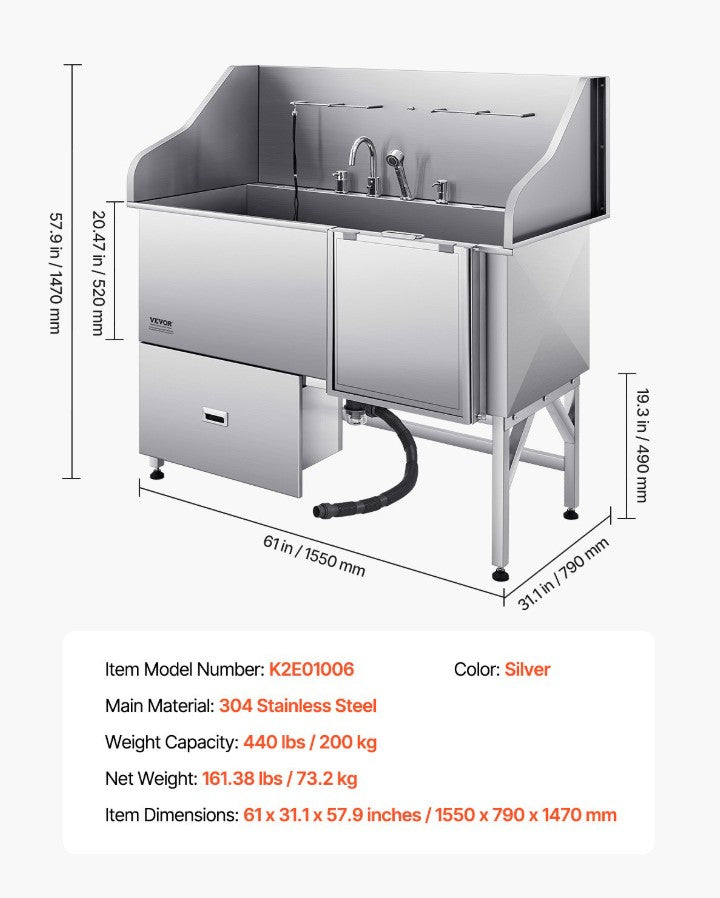 Vevor Dog Grooming Tub 61" Stainless Steel 440 Lb Capacity Non-Slip Ramp and Storage Cabinet New