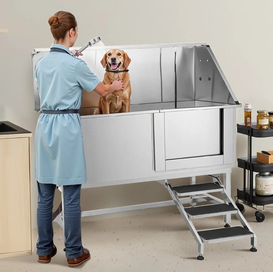 Vevor Dog Grooming Tub 62" Stainless Steel Anti-Slip Stairs Showerhead Leak-Proof New