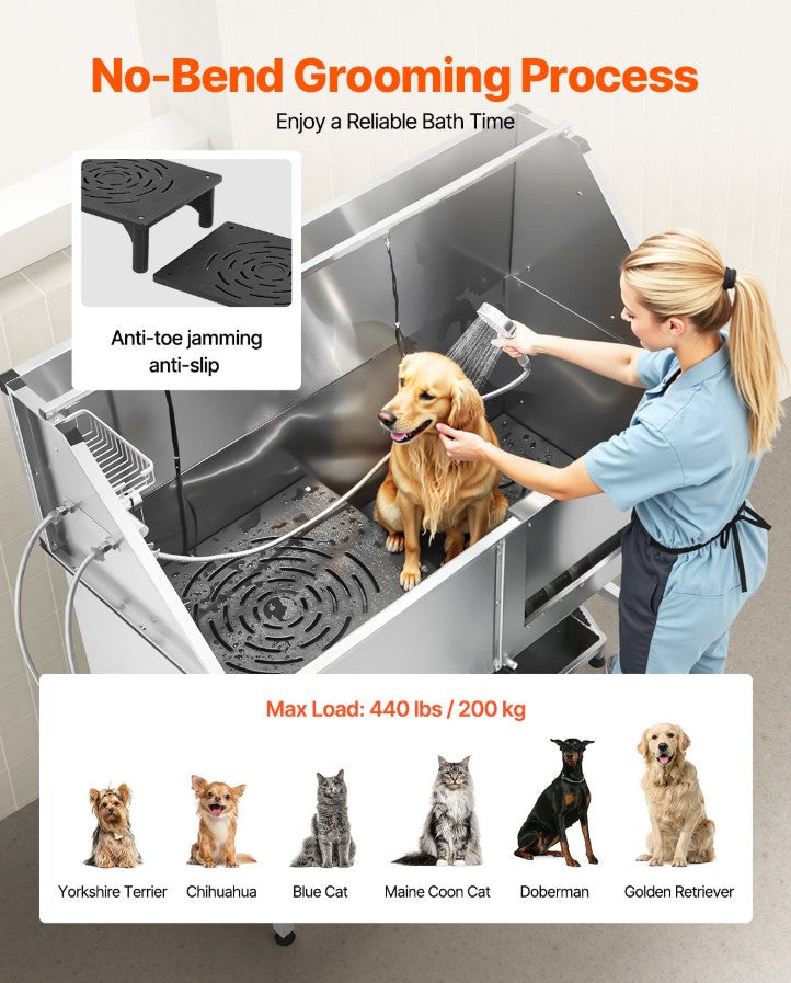 Vevor Dog Grooming Tub 62" Stainless Steel Anti-Slip Stairs Showerhead Leak-Proof New