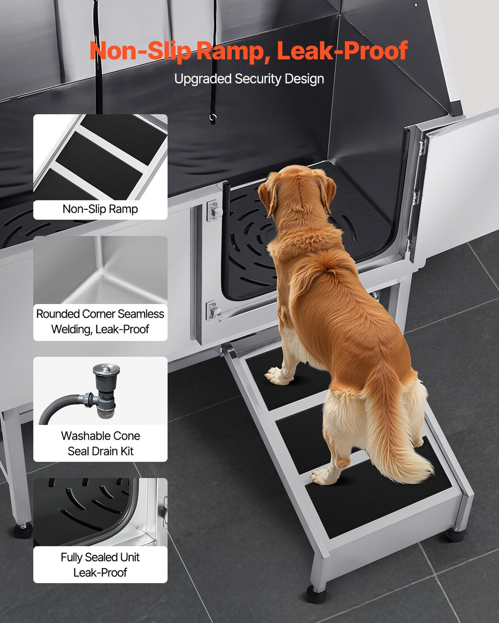 Vevor Dog Grooming Tub 62" Stainless Steel Anti-Slip Ramp Showerhead Leak-Proof New