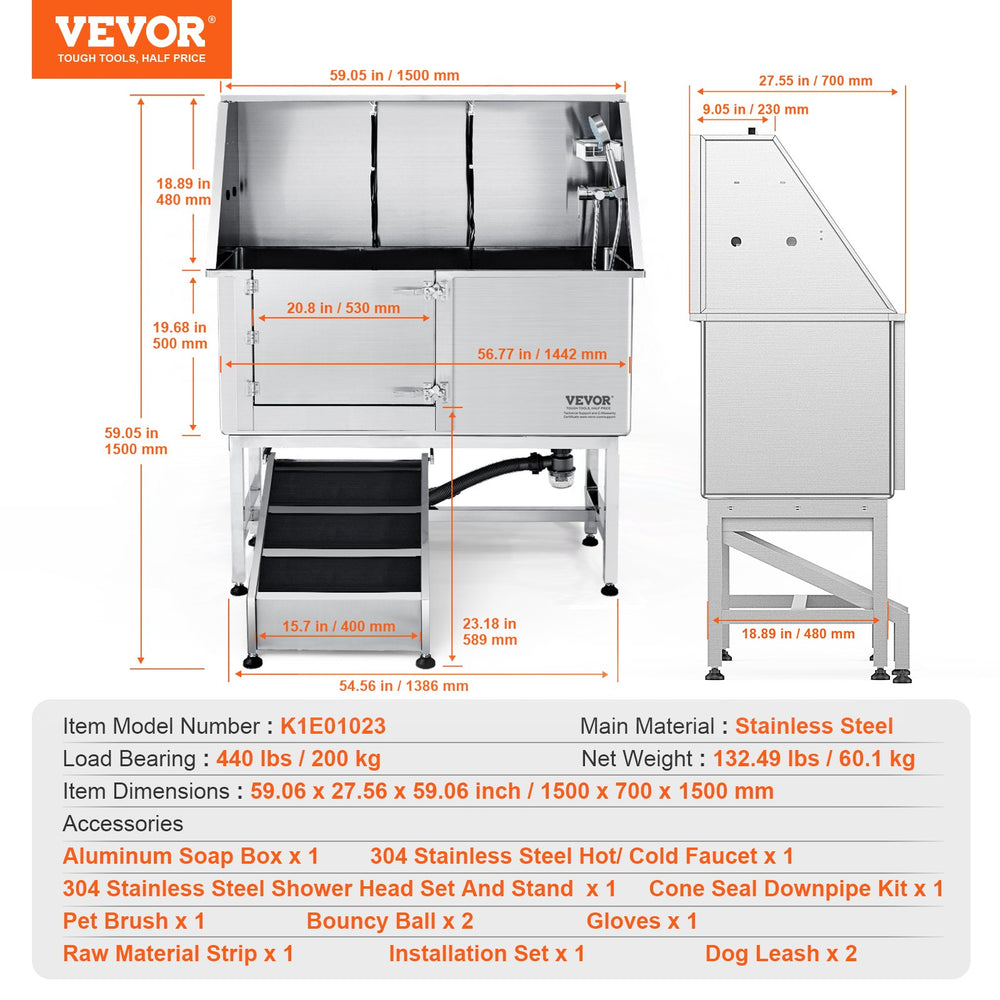 Vevor 62" Dog Grooming Tub Stainless Steel 440 Lbs. Capacity with Left Door and Ramp New