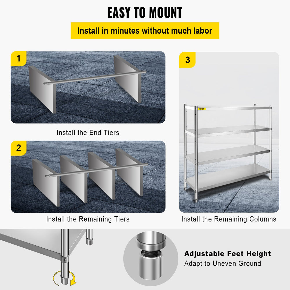 Vevor 4-Tier Storage Shelf 70.9" x 17.7" x 59.1" Stainless Steel 1320 Lbs. Capacity Adjustable Height New