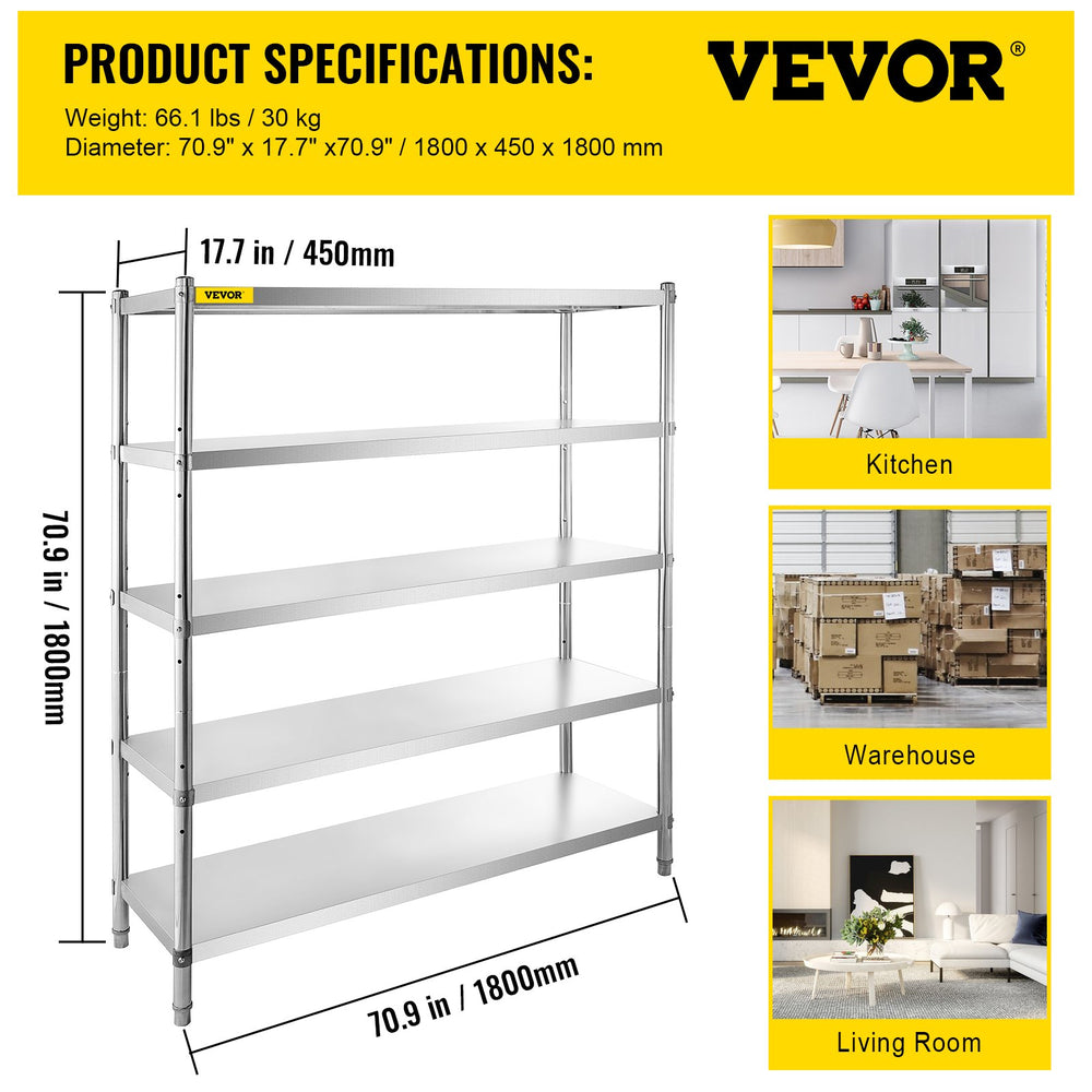 Vevor 5-Tier Storage Shelf 70.9" x 17.7" x 70.9" Stainless Steel 1650 Lbs. Capacity Adjustable Height New