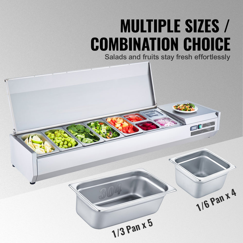 Vevor Refrigerated Condiment Prep Station 65.2" with Removable Lid 160W Stainless Steel New