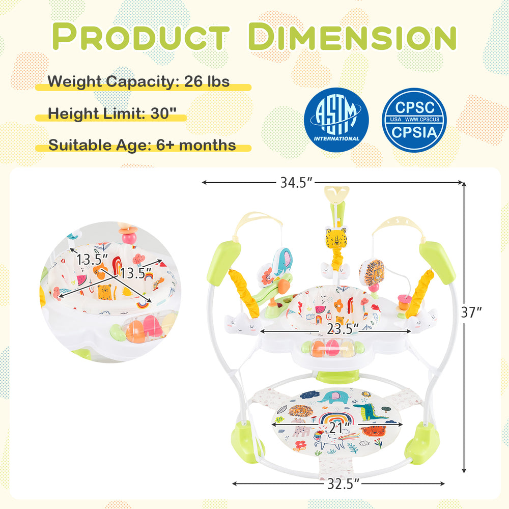 Baby activity center with adjustable height, 360° rotating seat, and interactive toys for infants aged 6 months and up.