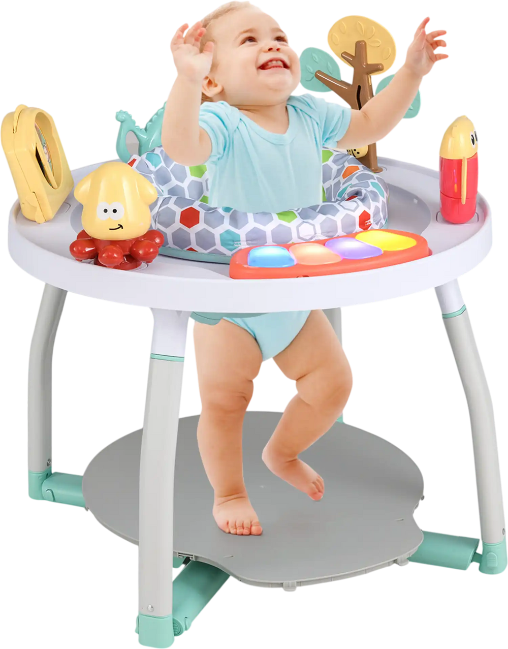 Interactive 5-in-1 baby activity center with bouncing seat, removable toys, and adjustable height for growing toddlers.