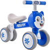 Blue baby balance bike with four wheels, carbon steel frame, and comfortable seat for safe riding fun.