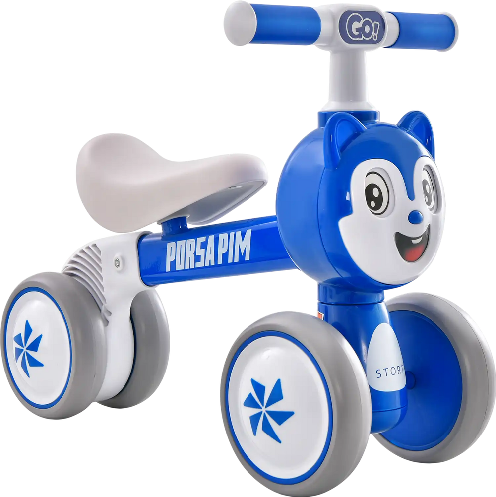 Blue baby balance bike with four wheels, carbon steel frame, and comfortable seat for safe riding fun.