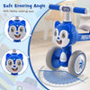 Blue baby balance bike with 4 wheels, featuring a safe steering angle and lifelike rotating eyes for stable riding.