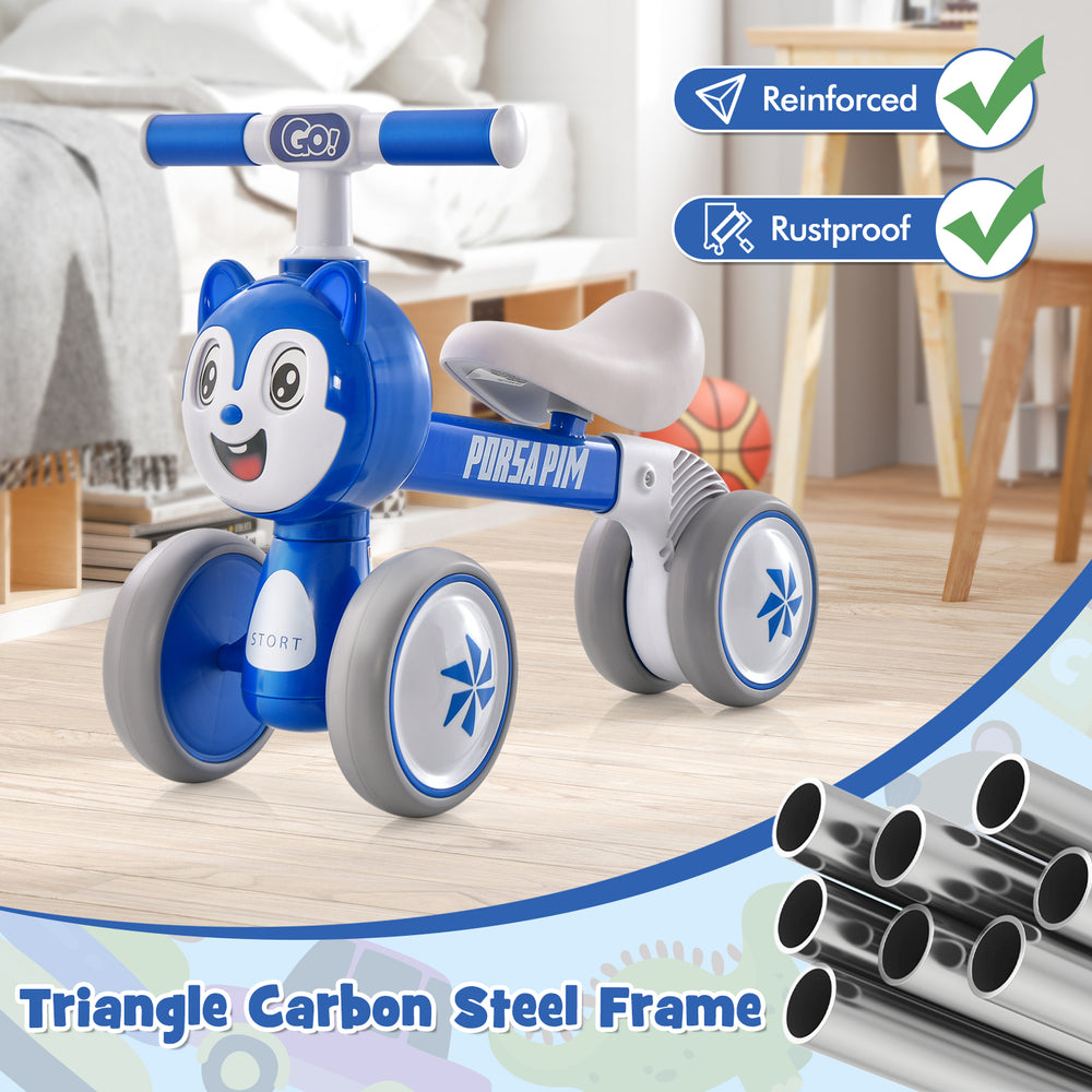 Blue baby balance bike with a triangle carbon steel frame, non-toxic materials, and noiseless EVA wheels for safe.