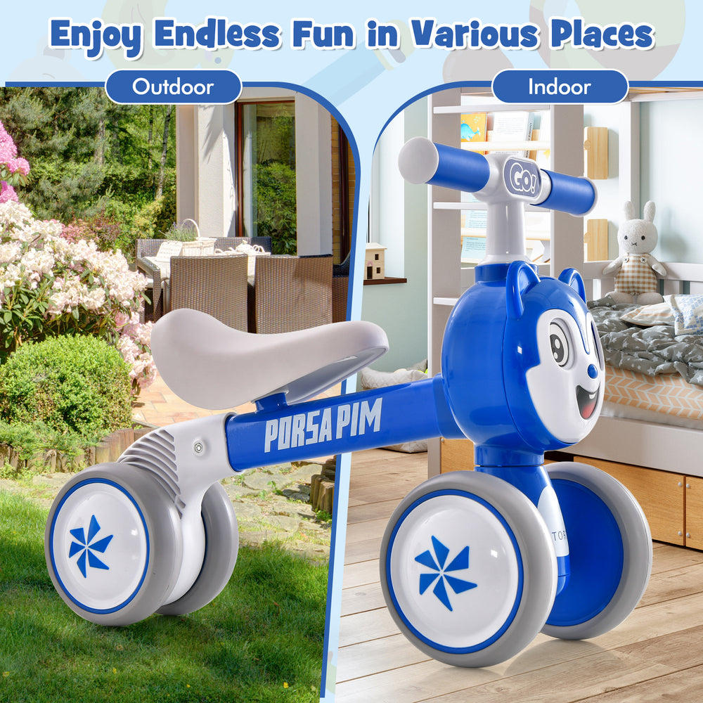 Blue baby balance bike with four wheels, carbon steel frame, and noiseless EVA wheels for indoor and outdoor fun.
