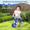 Blue baby balance bike with four wheels, carbon steel frame, and comfortable seat for kids' physical fitness and.