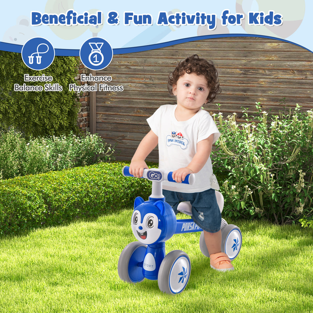 Blue baby balance bike with four wheels, carbon steel frame, and comfortable seat for kids' physical fitness and.