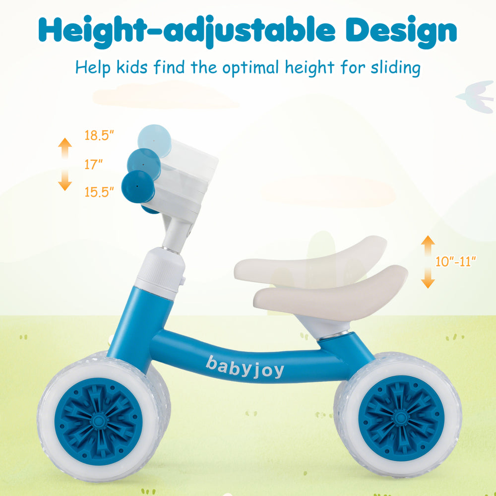 Baby balance bike in blue with height-adjustable seat and handlebars, designed for indoor and outdoor fun.