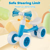 Baby balance bike in blue with adjustable seat and handlebars, featuring 45° steering limit for safety and glowing.