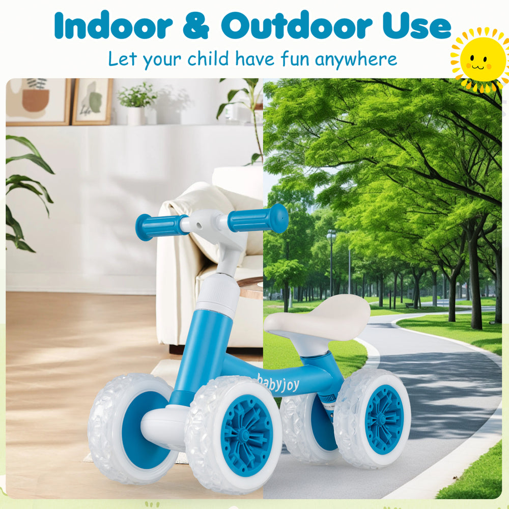 Blue baby balance bike showing the ergonomic seat and height-adjustable handlebars, ideal for fun indoors and outdoors.