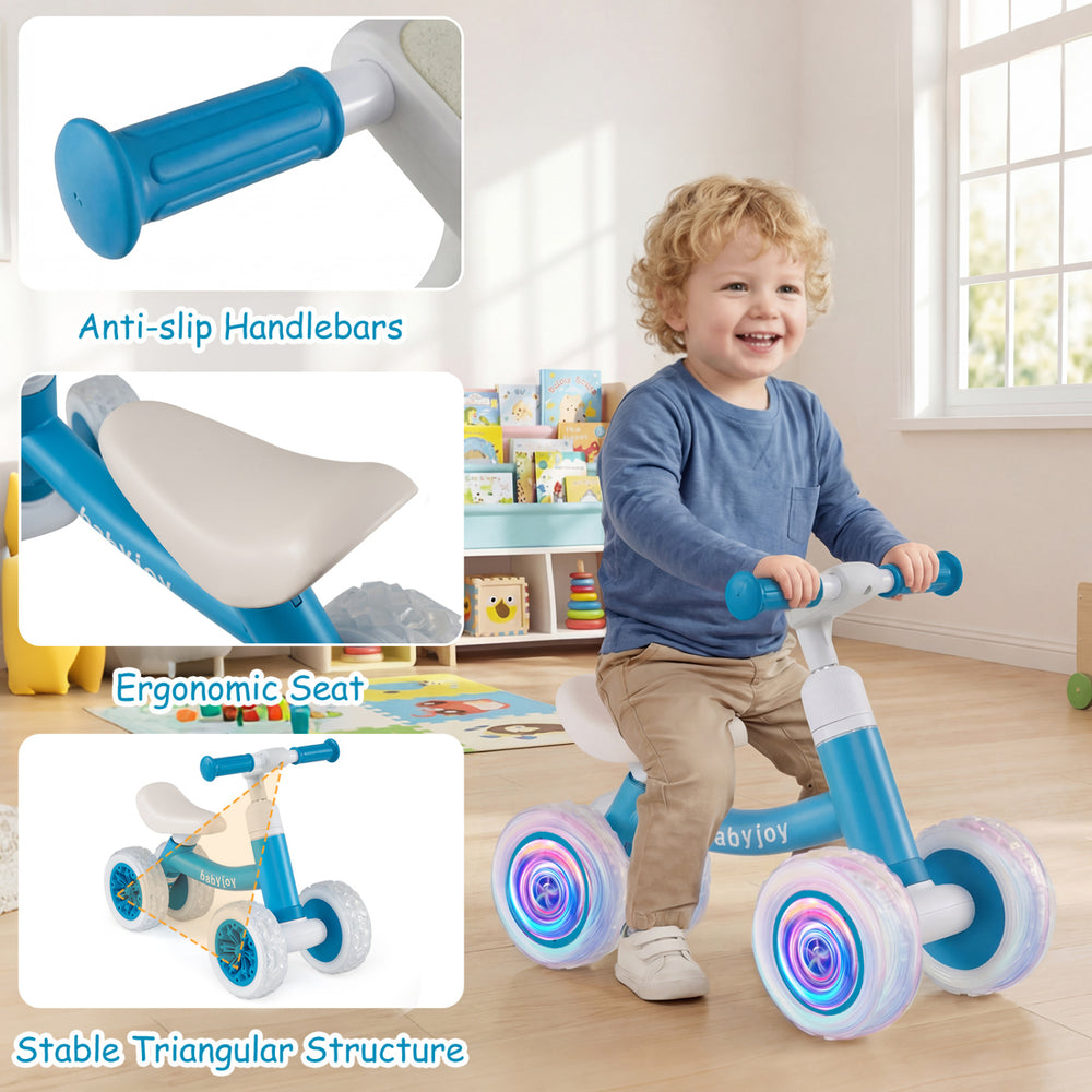 Close-up of blue baby balance bike's anti-slip handlebars, ergonomic seat, and glowing wheels for safe, fun riding.