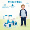 Dimensions of the blue baby balance bike, highlighting the ergonomic seat and adjustable handlebars for safe riding.