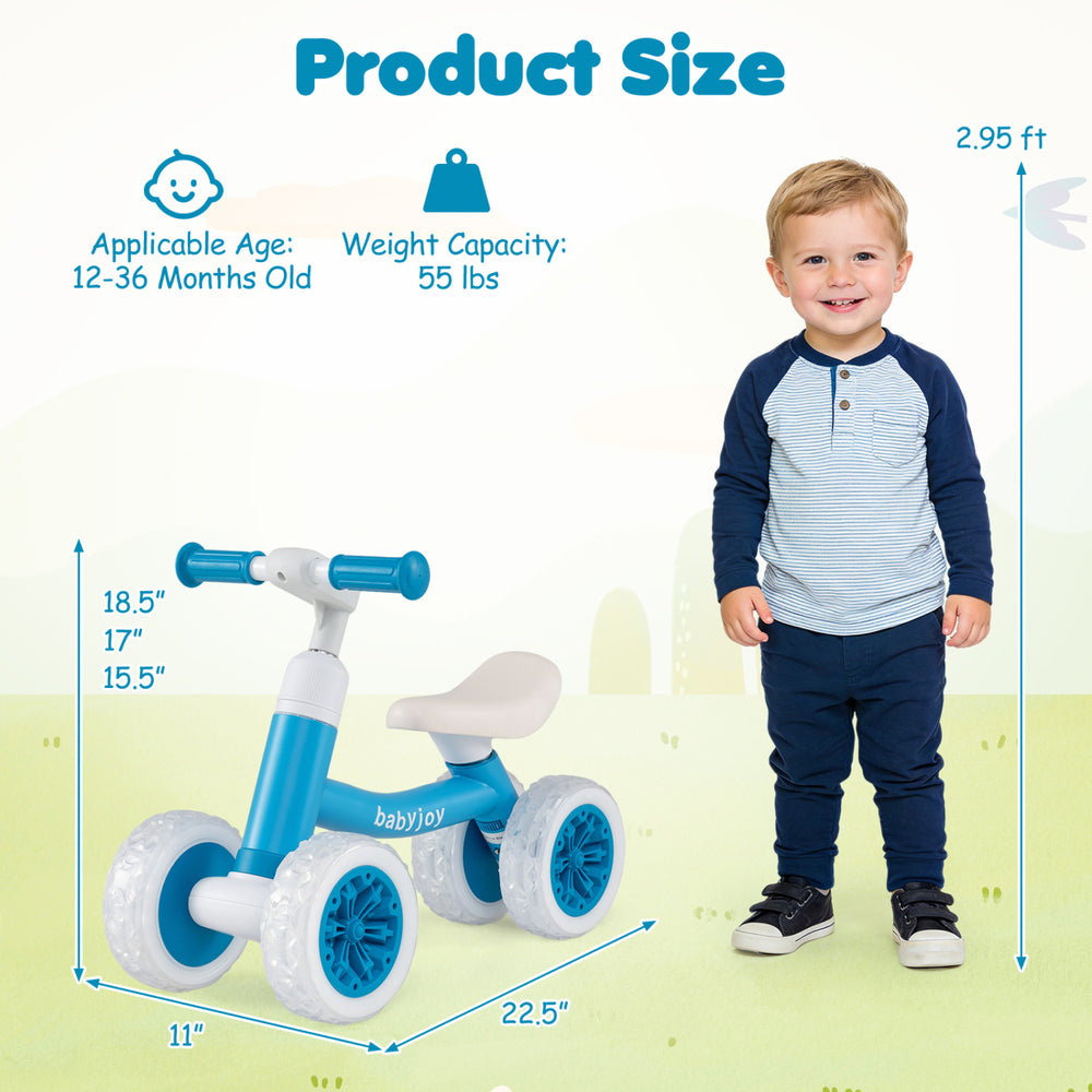Dimensions of the blue baby balance bike, highlighting the ergonomic seat and adjustable handlebars for safe riding.