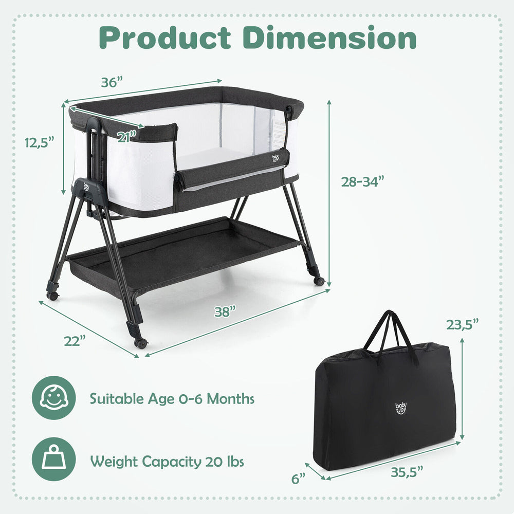 Portable bedside sleeper for baby in black, featuring 7 adjustable heights and a bottom storage shelf for essentials.